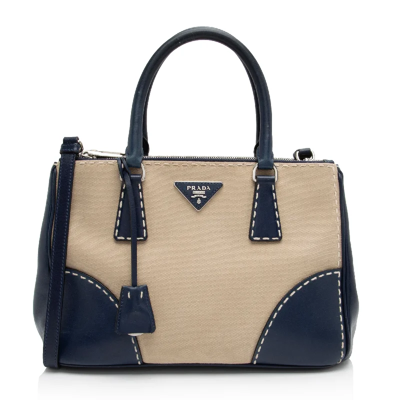 Prada tote bags with a double - handle and shoulder - strap option for easy usePrada Canvas Calfskin Stitch City Tote (SHF-FzLXxK)