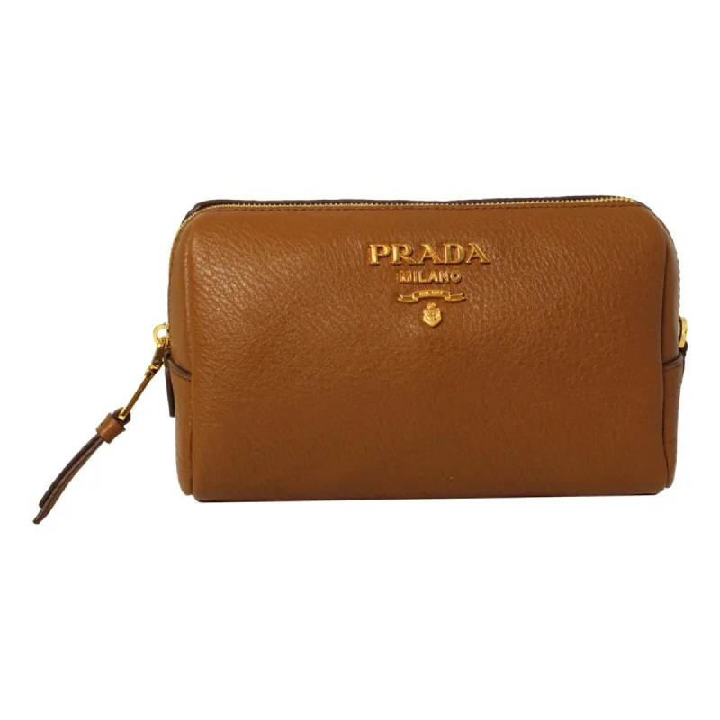 Prada Cahier bags with a leather - wrapped handle for a luxurious feelPrada Vitello Daino Cannella Brown Leather Cosmetic Pouch Clutch Bag