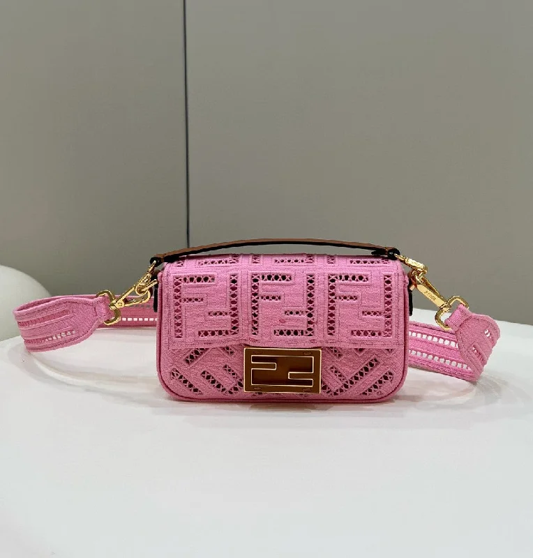 Fendi handbags with a metal - framed clasp for durability and a stylish lookFendi Baguette Pink with Embroidery Small Bag For Woman 21cm/8in