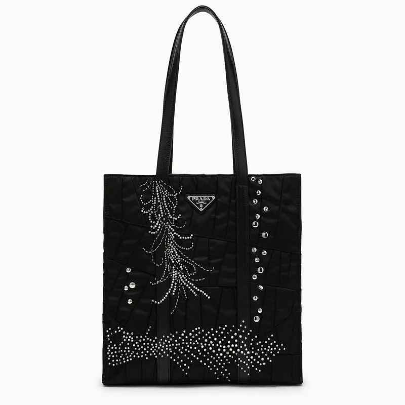 Prada tote bags with a spacious interior and a magnetic - snap closurePrada Medium Black Re-Nylon Shopping Bag With Embroidery Women