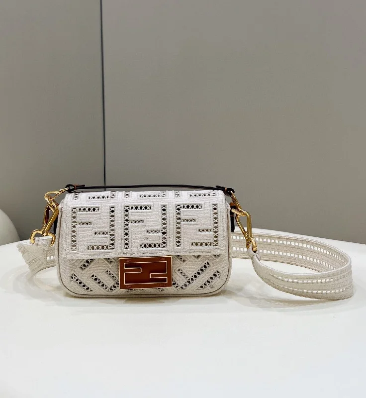 Ladies Fendi shoulder bags with a hidden magnetic pocket for discreet storageFendi Baguette White with Embroidery Small Bag For Woman 21cm/8in