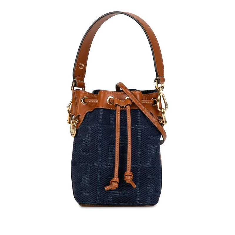 Fendi By The Way bags with a large capacity and a drawstring closureFendi Zucca Montreux Mini Handbag Shoulder Bag 2WAY 8BS010 Navy Brown Denim Leather  Fendi