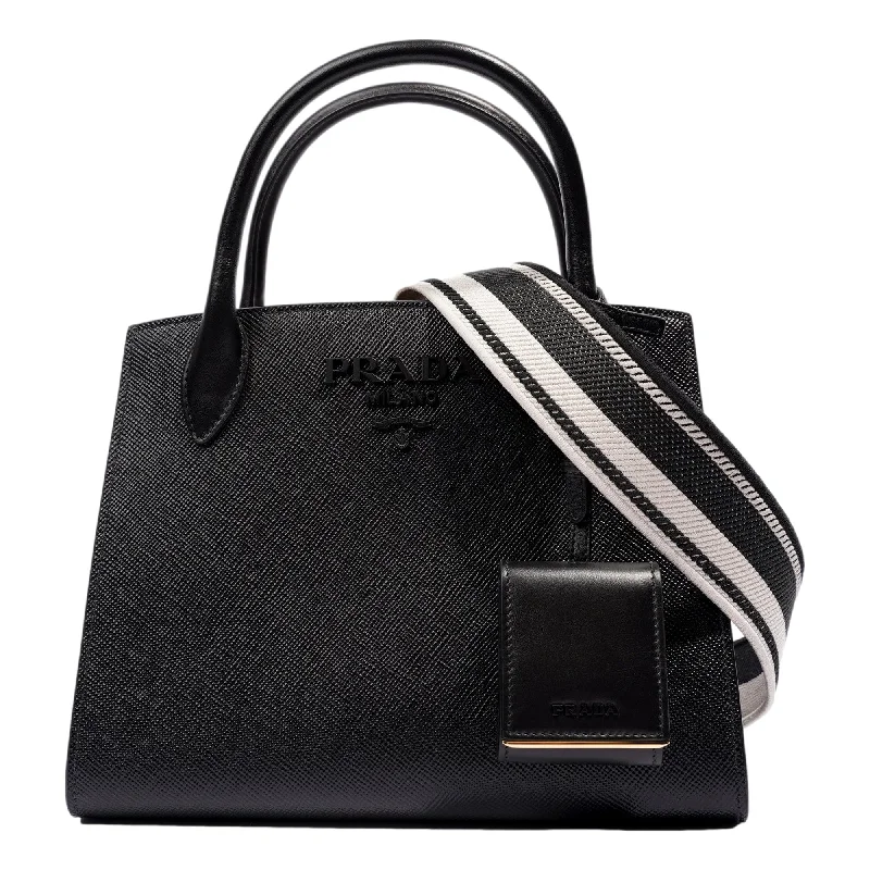 Prada bags with a front - flap pocket for quick access to essentialsPrada Monochrome Saffiano Top Handle Crossbody Tote Bag Black