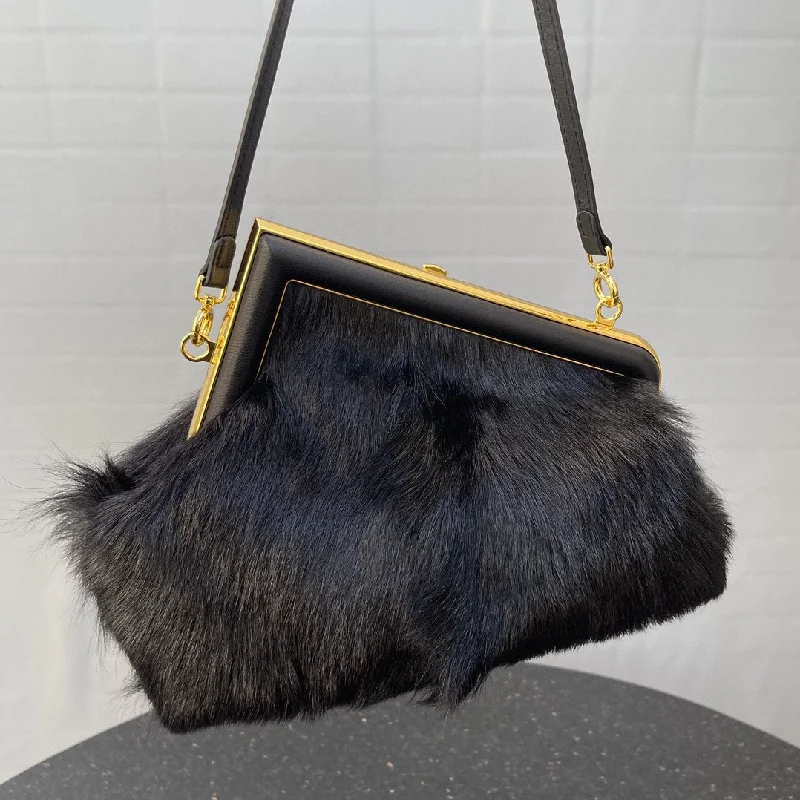 Ladies Fendi Peekaboo bags with a front - pocket organizer for quick access to essentialsFendi Fendirst Small Black Fox Fur Bag For Woman 26cm/10in