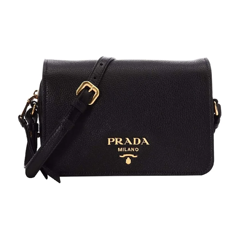 Prada handbags with a patent - leather finish for a shiny and sophisticated appearancePrada Vitello Phenix Black Leather Flap Crossbody Bag