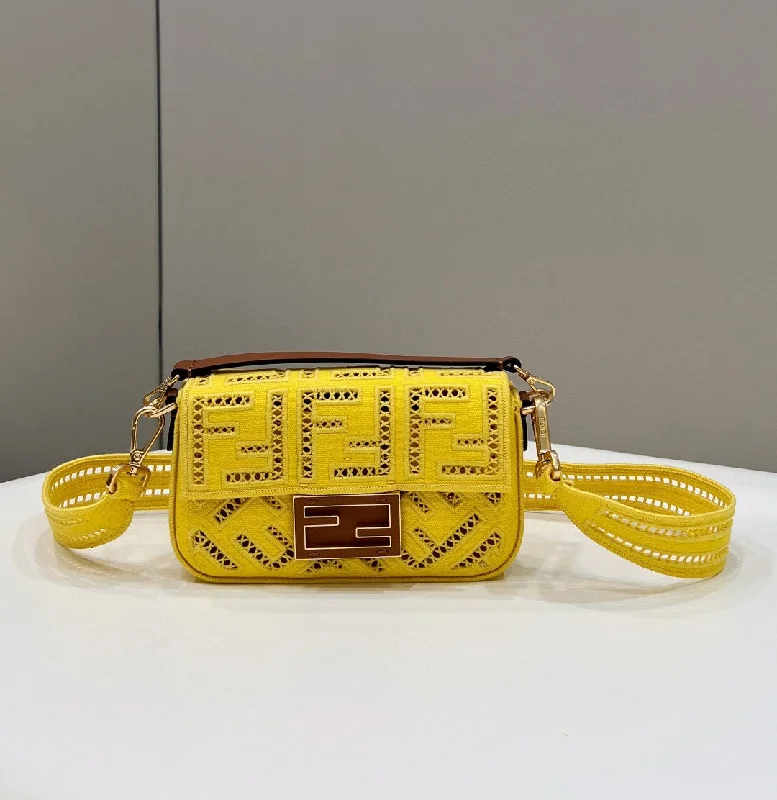 Ladies Fendi shoulder bags with a detachable scarf strap for a stylish and versatile optionFendi Baguette Yellow with Embroidery Small Bag For Woman 21cm/8in