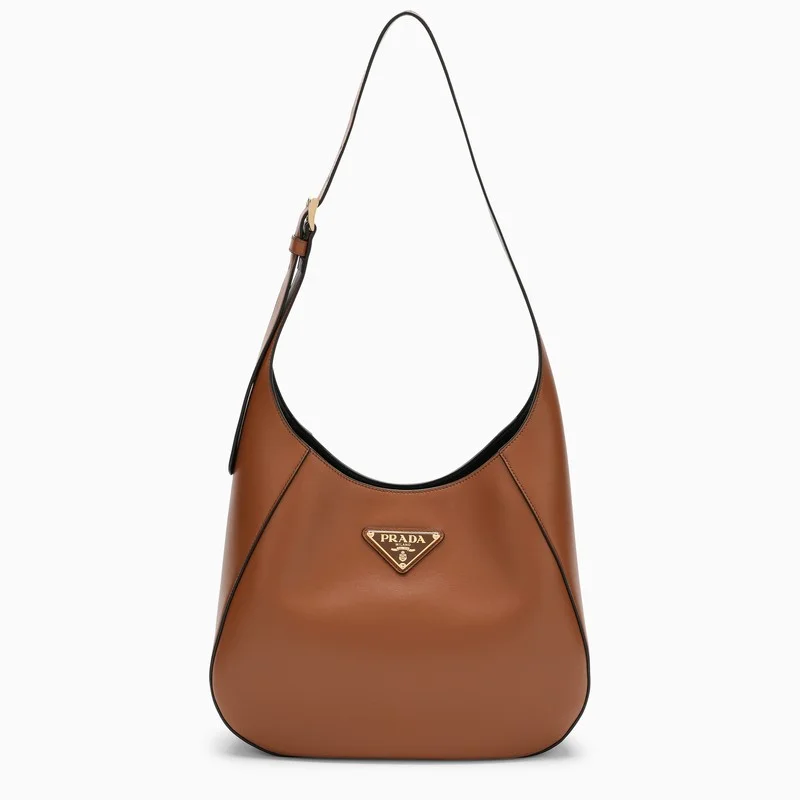 Prada Cahier bags featuring the signature triangular logo plaquePrada Cognac Leather Shoulder Bag Women