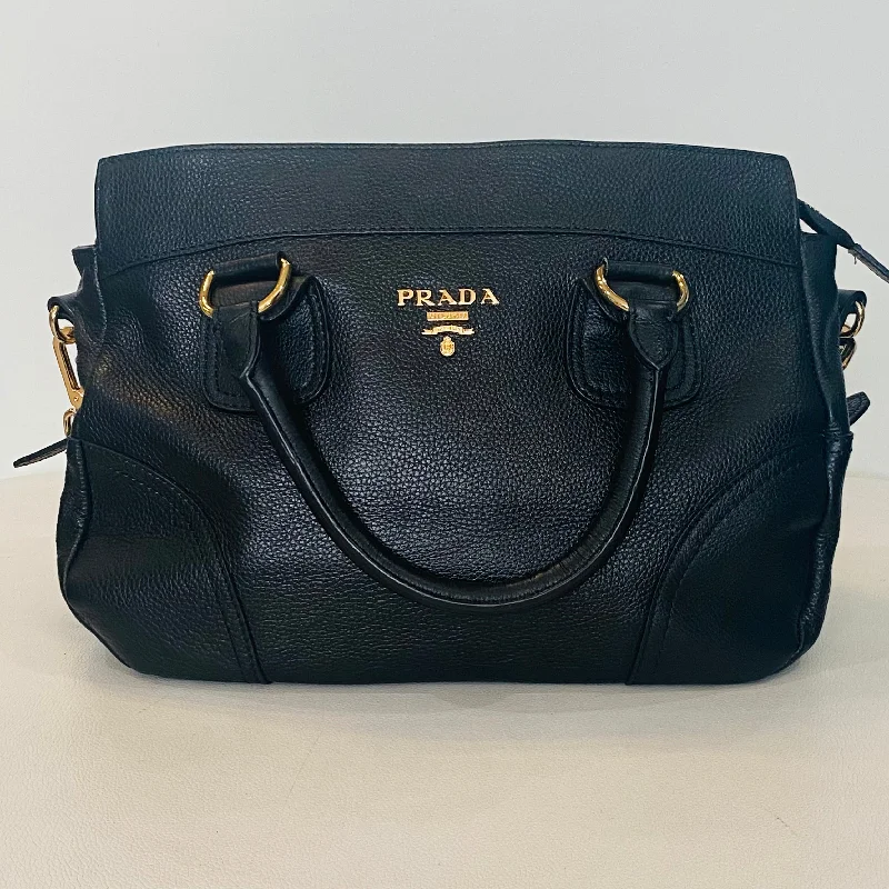 Medium - sized Prada tote bags in classic black for everyday versatilityPRADA Black Vitello Daino Satchel Rame