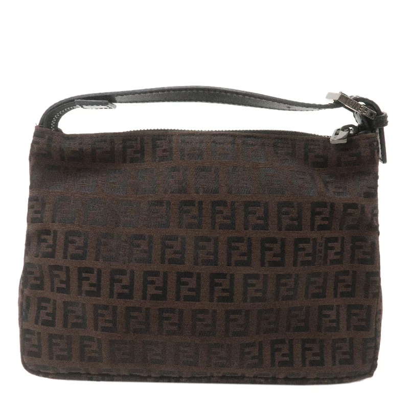 Fendi tote bags with a reinforced bottom for increased durabilityFENDI Zucchino Canvas Leather Hand Bag Pouch Brown 8N0005