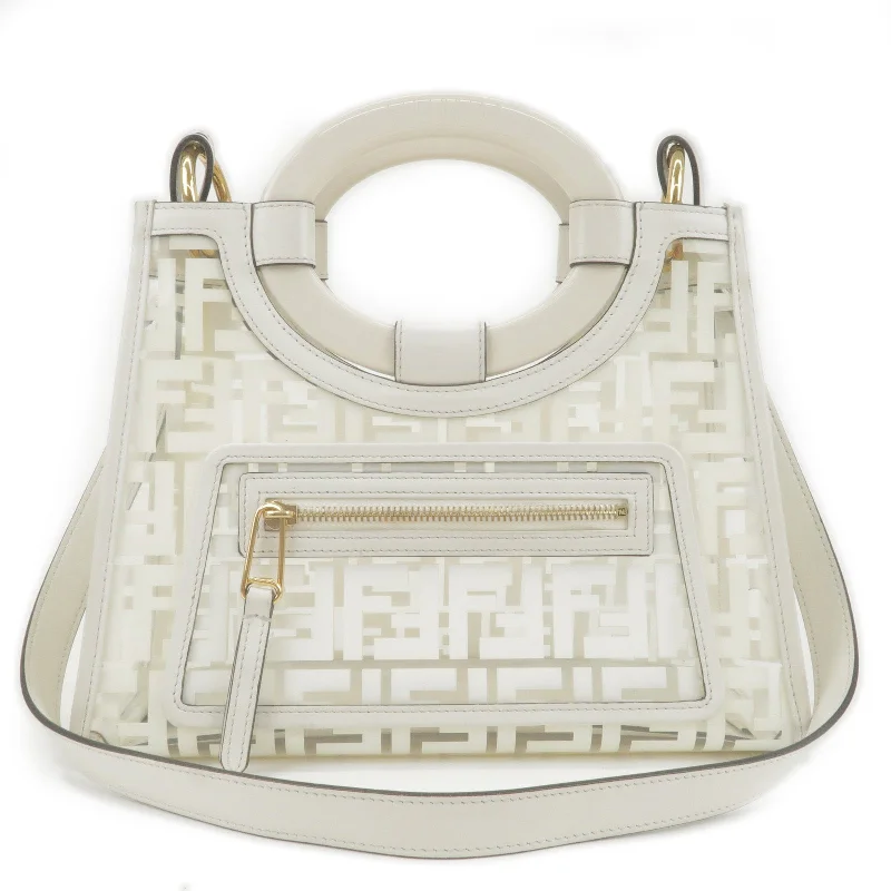 Fendi backpacks with a ventilated back panel for improved air circulationFENDI Zucca Vinyl Plastic Leather 2WAY Bag White Hand Bag 8BH353