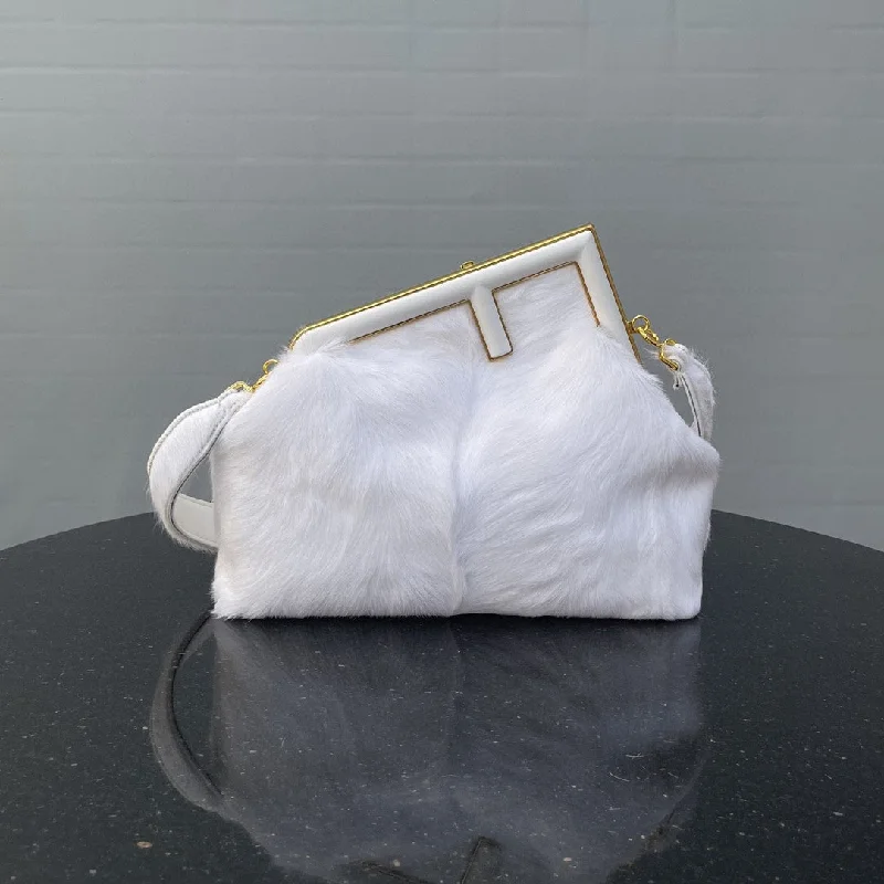 Fendi handbags with a holographic FF logo for a futuristic and trendy lookFendi Fendirst Medium White Fox Fur Bag For Woman 32.5cm/13in