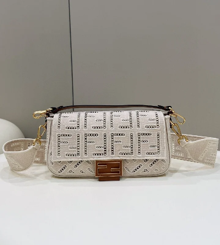 Fendi Baguette bags with a hand - embroidered floral design for a romantic and elegant touchFendi Baguette White with Embroidery Medium Bag For Woman 28cm/11in