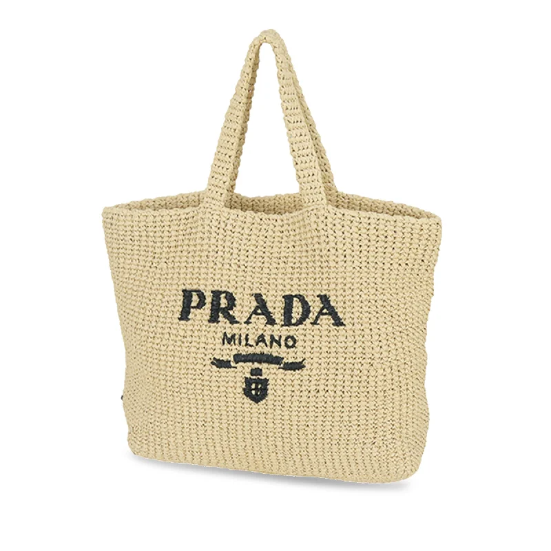 Prada Cahier bags featuring the signature triangular logo plaquePrada logo Tote Bag Brown Raffia