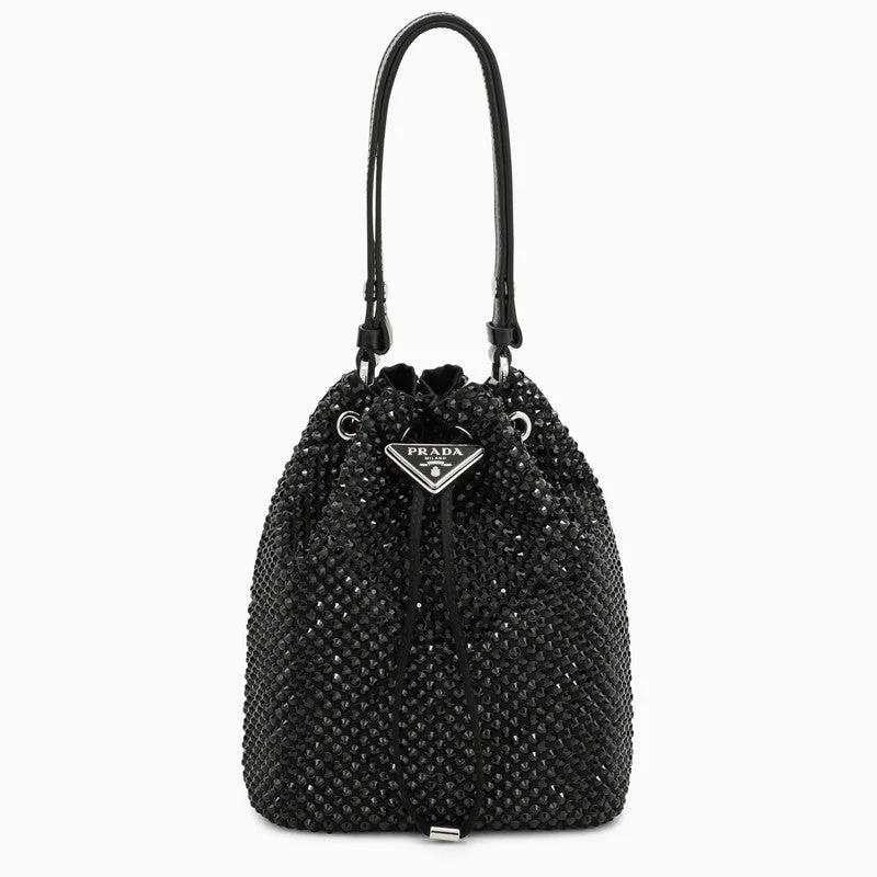 Prada Cleo bags with a crystal - embellished logo for added luxuryPrada Black Satin Bucket With Crystals Women