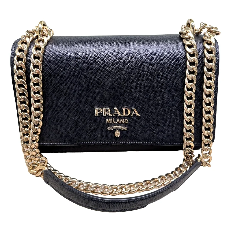 Ladies Prada shoulder bags with a tassel - adorned zipper for added charmPrada Pattina Black Leather and Nylon Flap Crossbody Bag