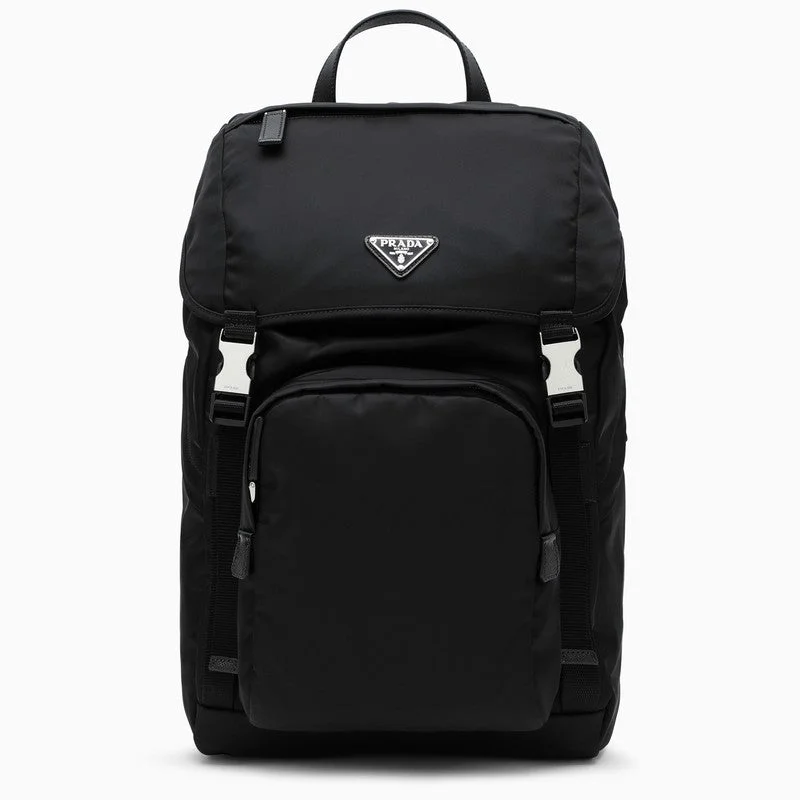 Prada bags with a front - flap pocket for quick access to essentialsPrada Black Nylon Backpack With Snap Closure Men