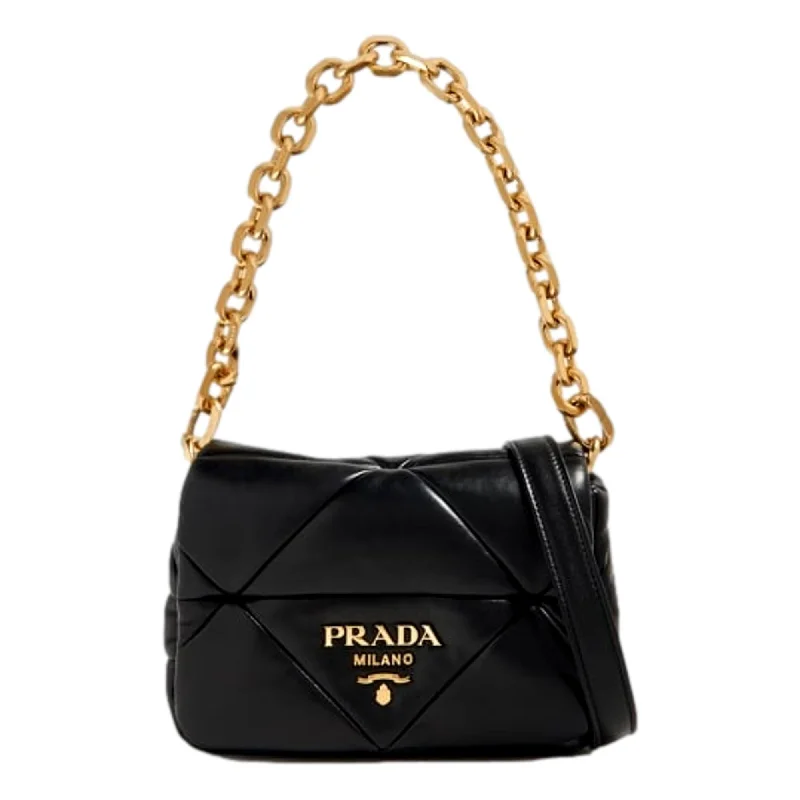 Prada Cahier bags with a detachable shoulder strap for versatile carryingPrada Gold Logo Black Quilted Nappa Patch Leather Small Shoulder Bag