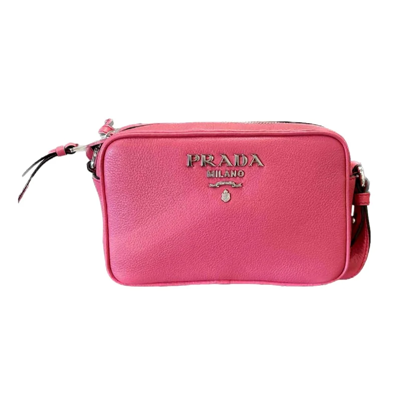 Prada bags with a zip - top closure and multiple interior pockets for organizationPrada Vitello Phenix Pink Leather Silver Logo Small Camera Crossbody Bag