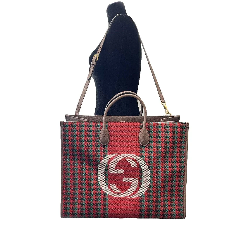 Women Gucci bags with a magnetic snap closure for easy accessGUCCI - NEW Large Houndstooth GG Tote w / Shoulder Strap