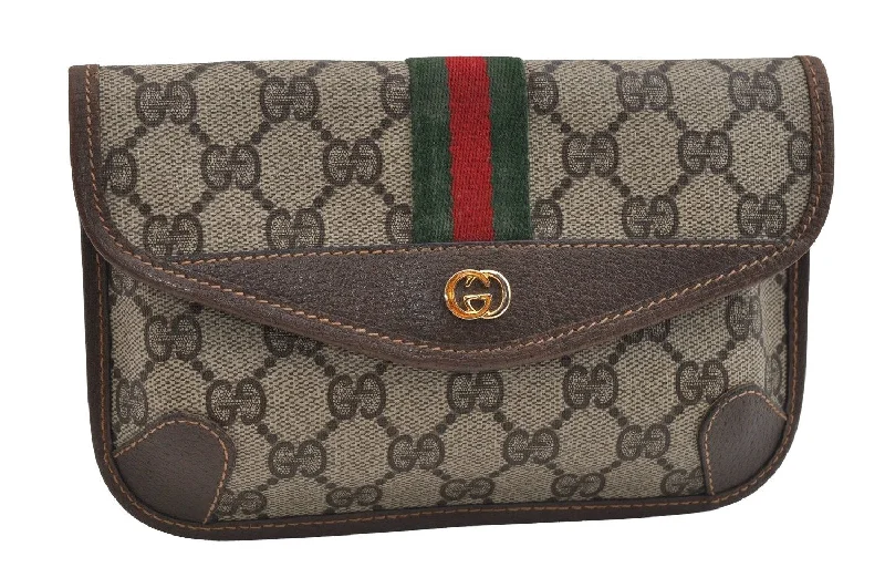 Women Gucci crossbody bags with a woven leather strapAuthentic GUCCI Web Sherry Line Clutch Hand Bag Purse GG PVC Leather Brown 2785I