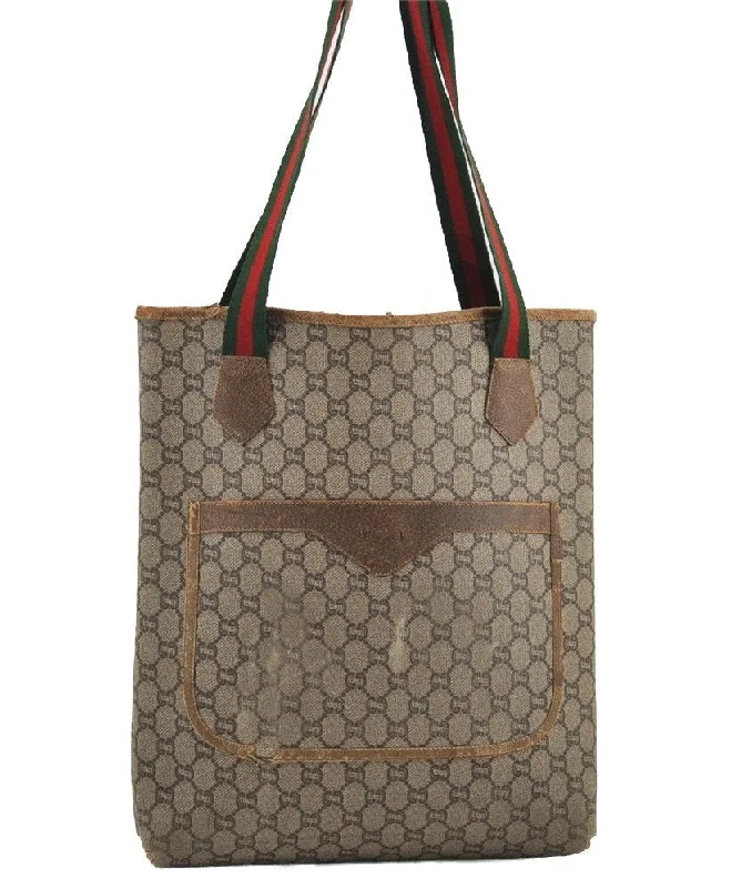 Gucci handbags for women with a metal - framed claspAuthentic GUCCI Web Sherry Line GG Plus Tote Bag PVC Leather Brown 3001I