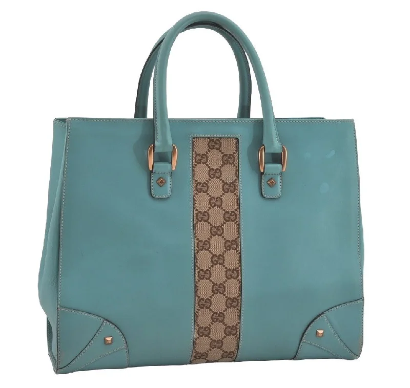 Gucci backpacks for women with a multi - pocket designAuthentic GUCCI Vintage Hand Tote Bag Leather Canvas 120897 Light Blue 3160I