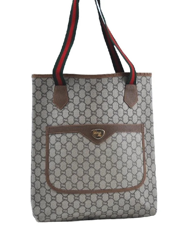 Women Gucci bags with a zip - around closure for securityAuthentic GUCCI Web Sherry Line GG Plus Tote Bag GG PVC Leather Brown K5076