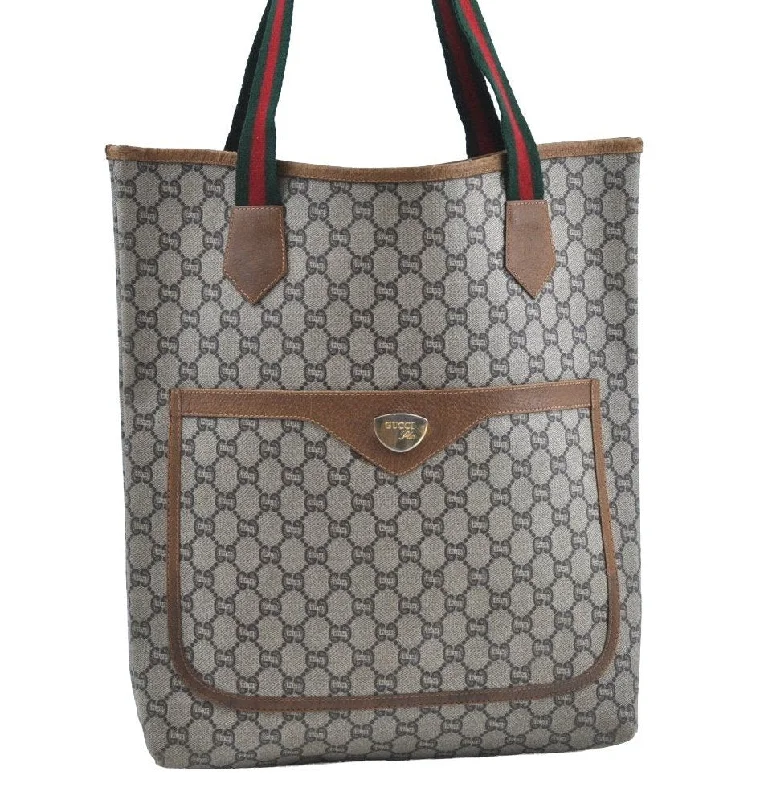 Gucci backpacks for women with a hidden back pocketAuthentic GUCCI Web Sherry Line GG Plus Tote Bag GG PVC Leather Brown K5081