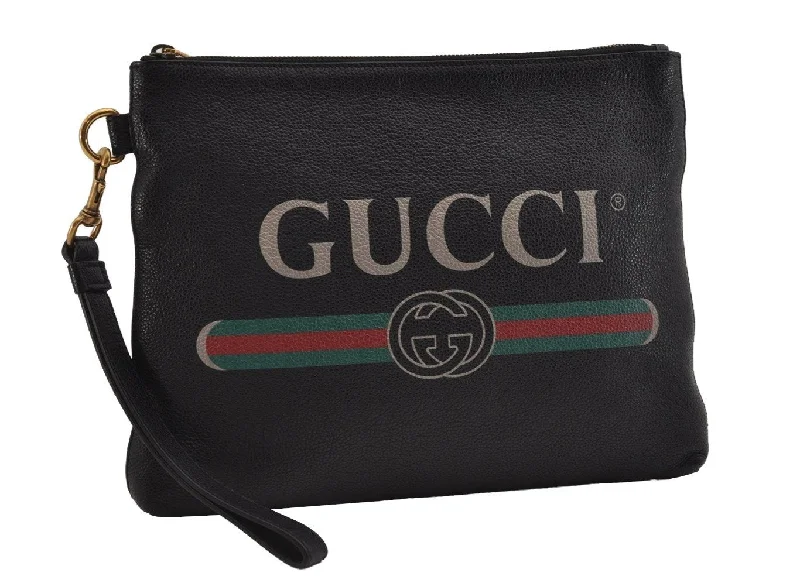 Women Gucci Sylvie bags with a monogram - embossed leatherAuthentic GUCCI Portfolio Clutch Hand Bag Purse Leather 572770 Black 3142I