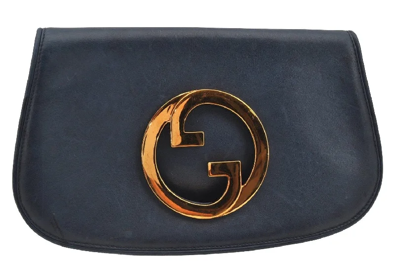 Women Gucci bags with a chain - link trim and a leather bodyAuthentic GUCCI Blondie Vintage Clutch Hand Bag Purse Leather Navy Blue 2667I